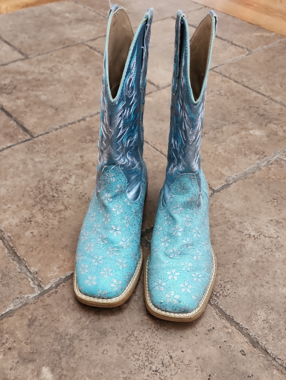 Roper Girls Floral Glitter Western Cowboy Boots Turquoise Blue Size 3 YOUTH GUC